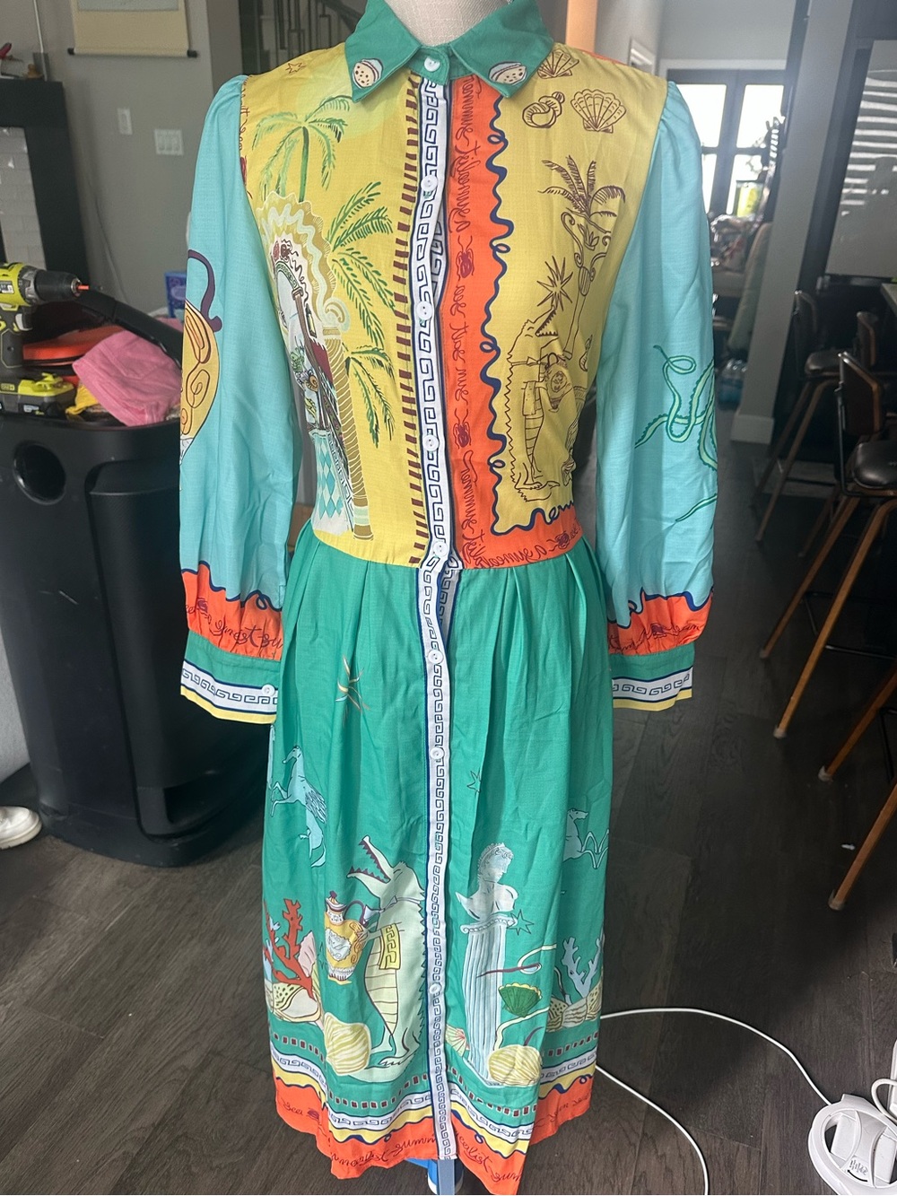 Vibrant Multicolor Tropical Print Maxi Shirt Dress